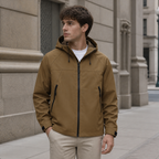 Man styling the khaki men's outdoor jacket on a quiet US city street.