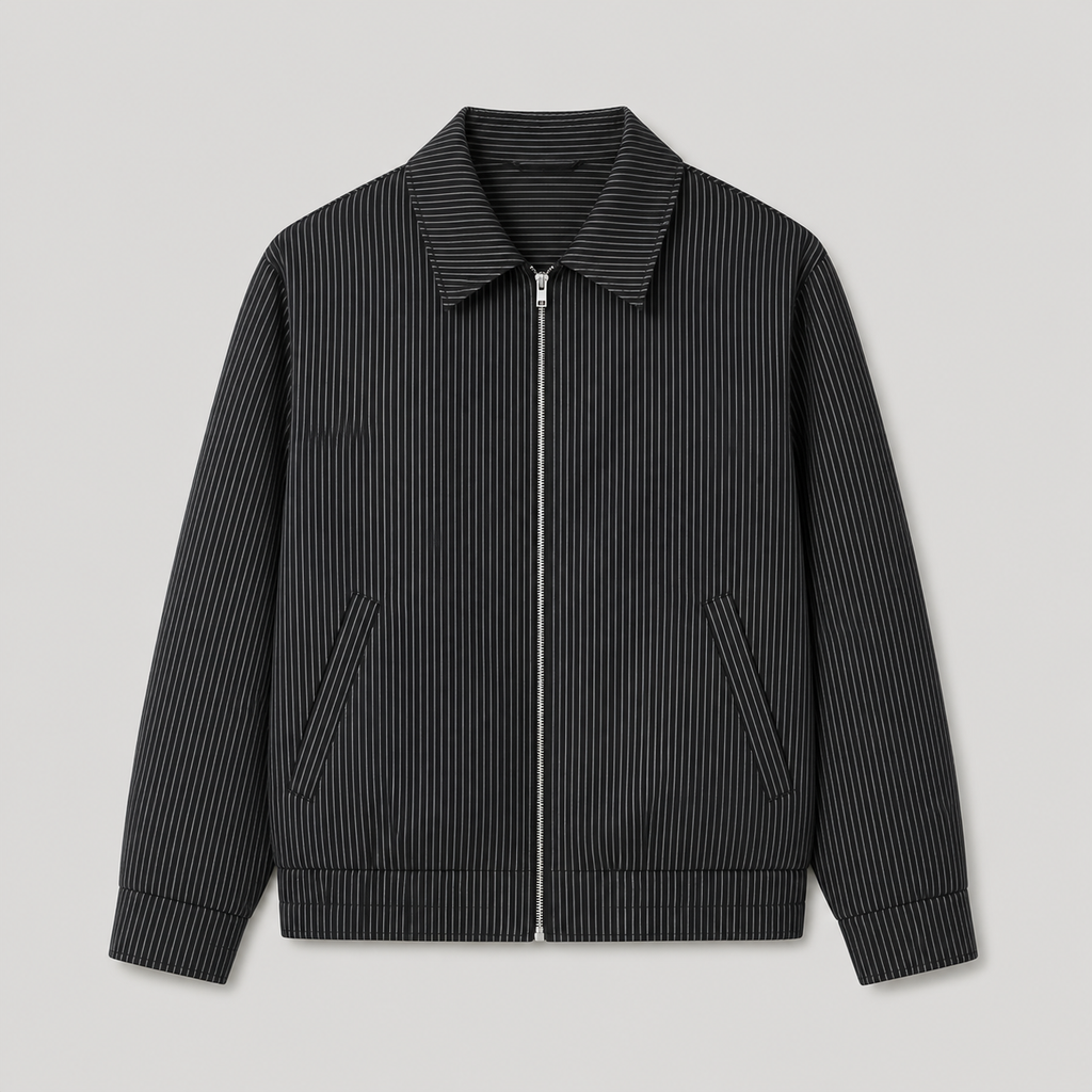 Black men's pinstripe jacket displayed straight on against a plain studio background.