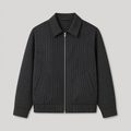 Black men's pinstripe jacket displayed straight on against a plain studio background.
