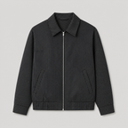 Black men's pinstripe jacket displayed straight on against a plain studio background.