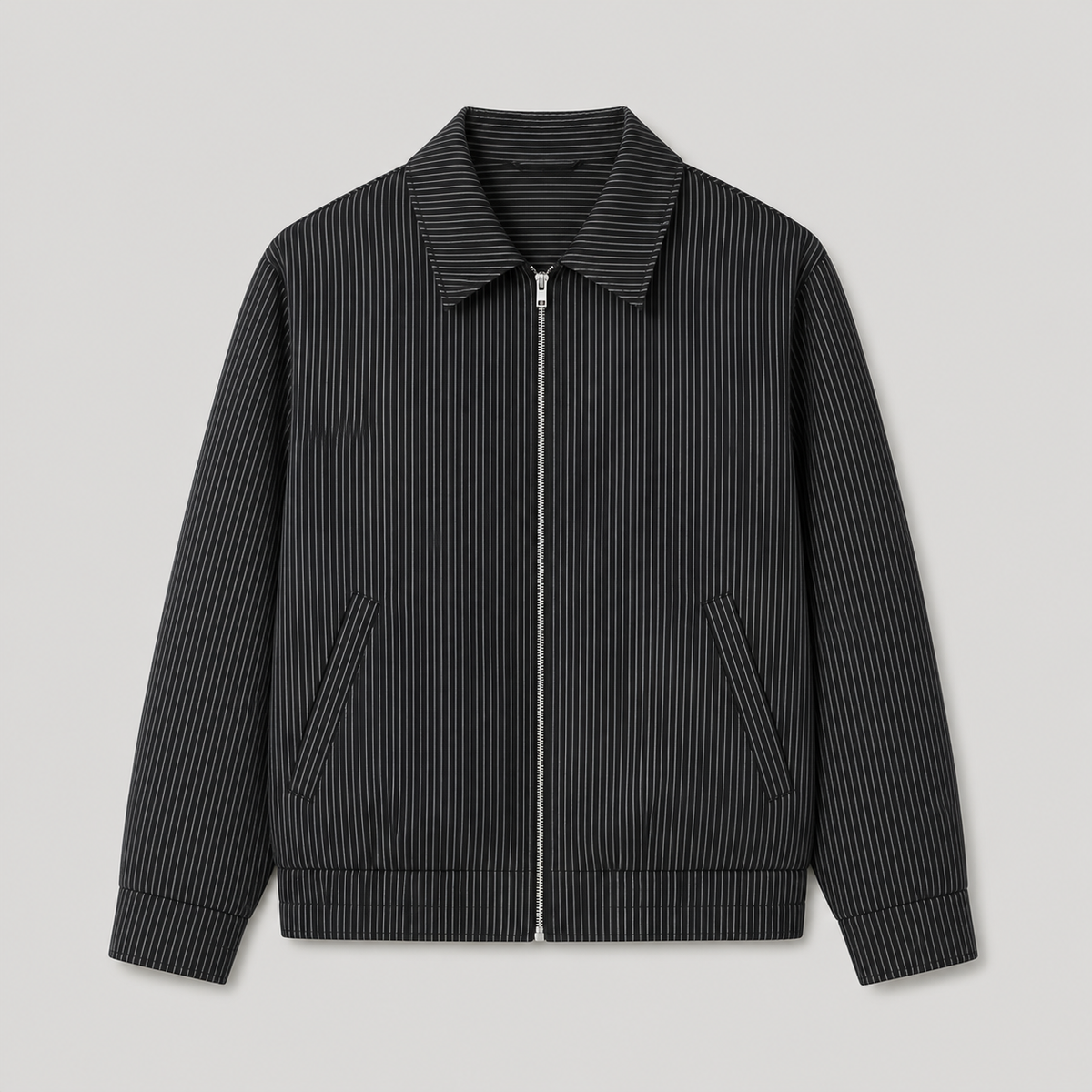 Black men's pinstripe jacket displayed straight on against a plain studio background.