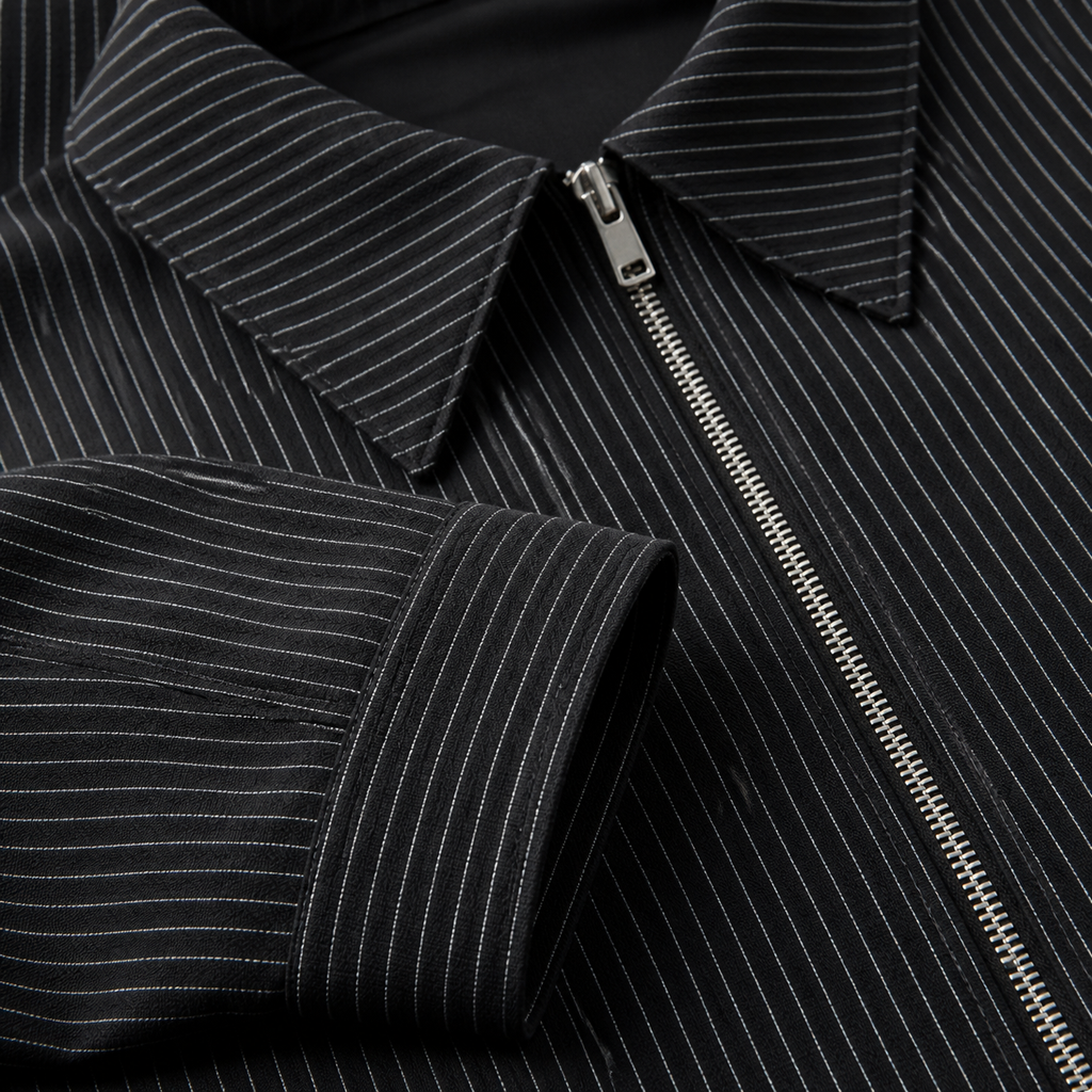 Close view of the black men's pinstripe jacket showing its neckline and distinctive surface texture.