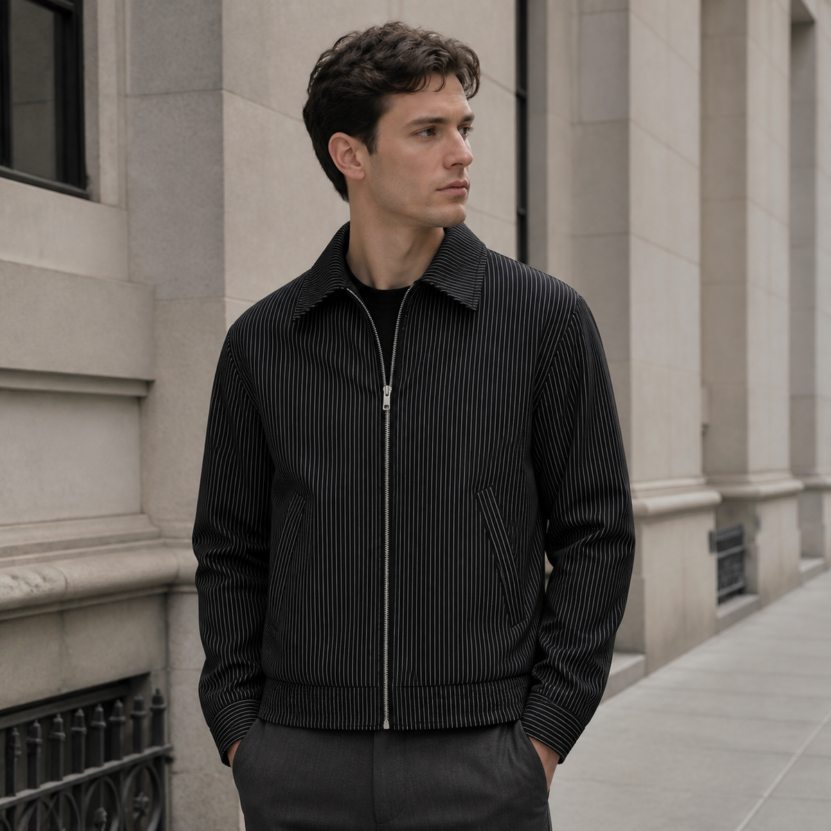 Man styling the black men's pinstripe jacket on a quiet US city street.
