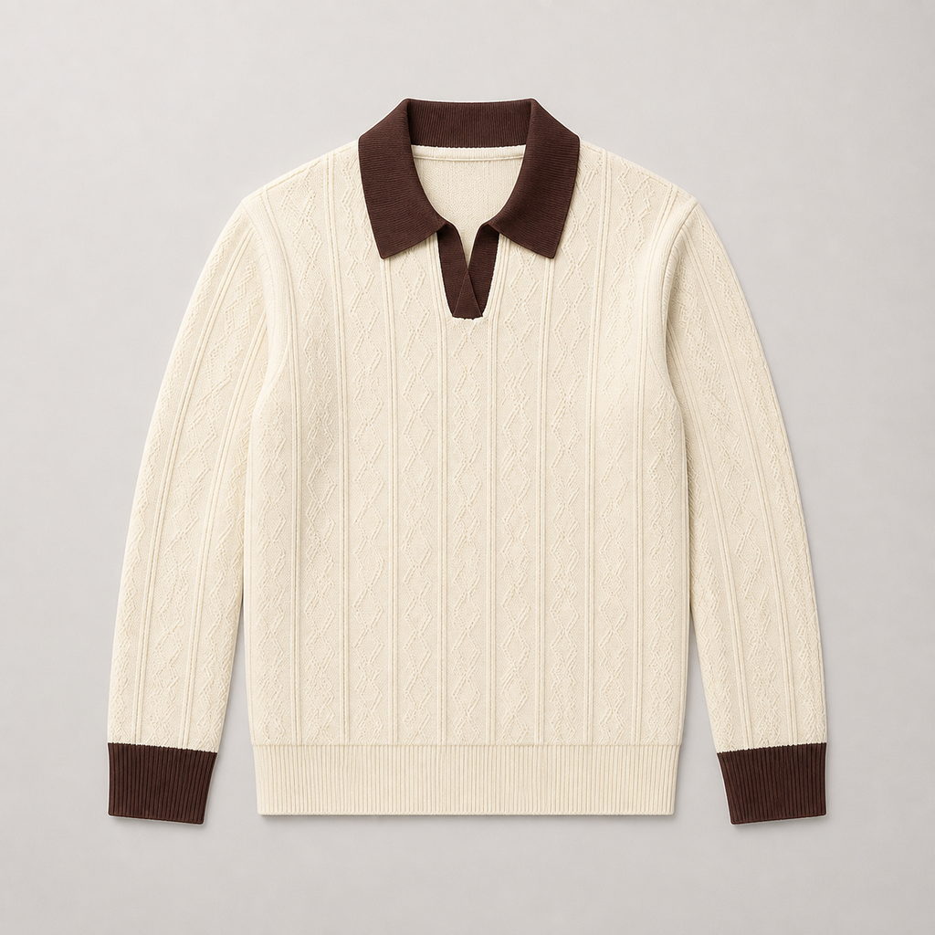 Apricot men's polo sweater displayed straight on against a plain studio background.