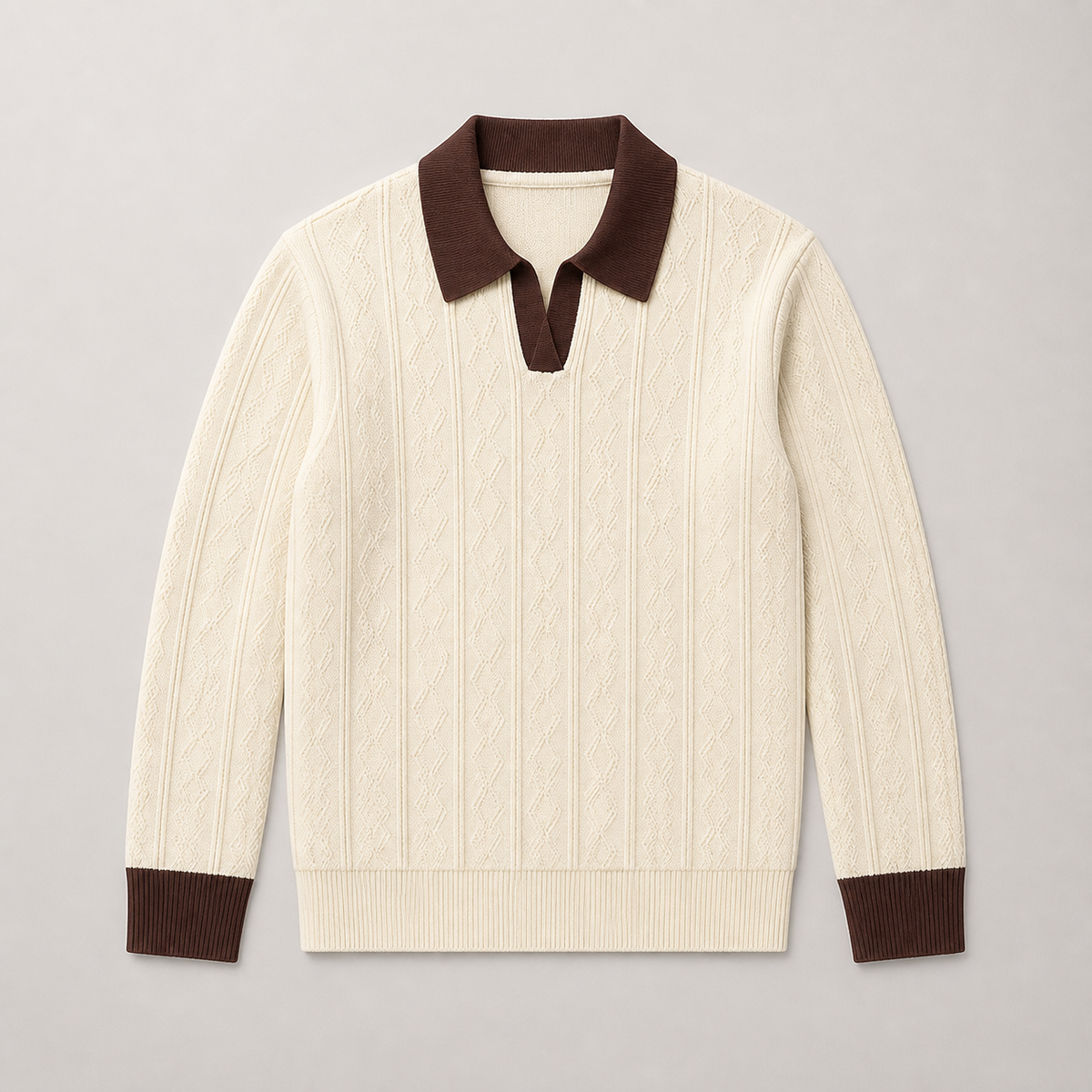 Apricot men's polo sweater displayed straight on against a plain studio background.