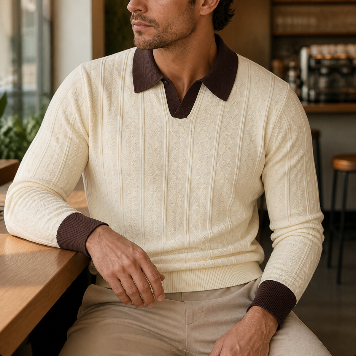 Man wearing the apricot men's polo sweater in a softly lit US cafe.