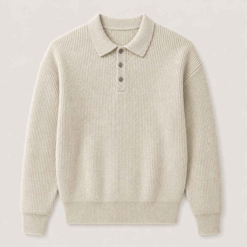 Oatmeal Color men's polo sweater displayed straight on against a plain studio background.