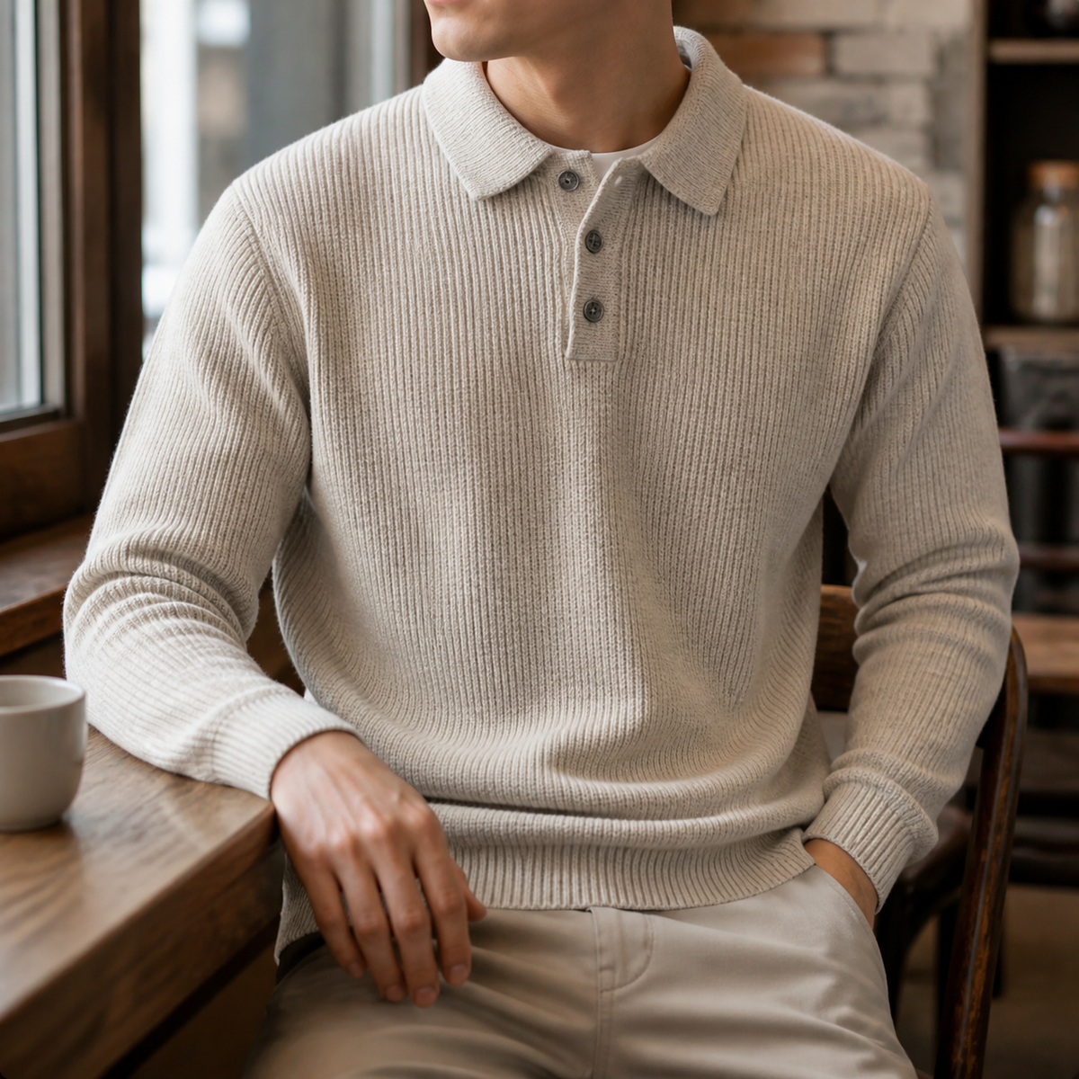 Man wearing the oatmeal color men's polo sweater in a softly lit US cafe.