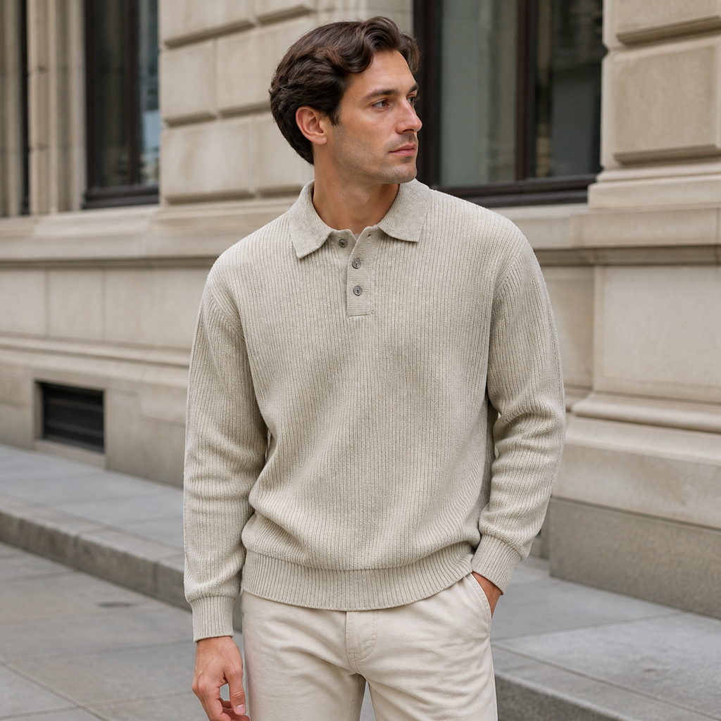 Man styling the oatmeal color men's polo sweater on a quiet US city street.