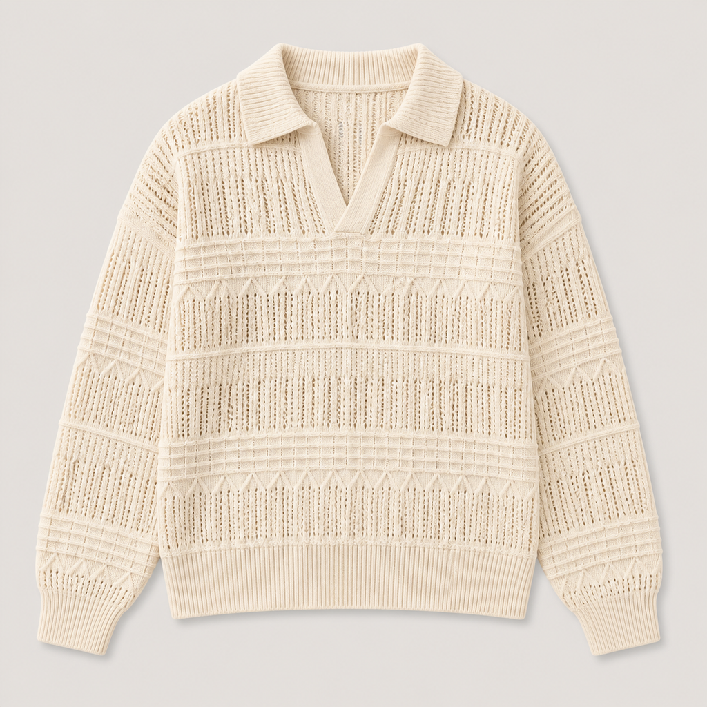 Apricot men's polo sweater displayed straight on against a plain studio background.