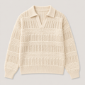 Apricot men's polo sweater displayed straight on against a plain studio background.