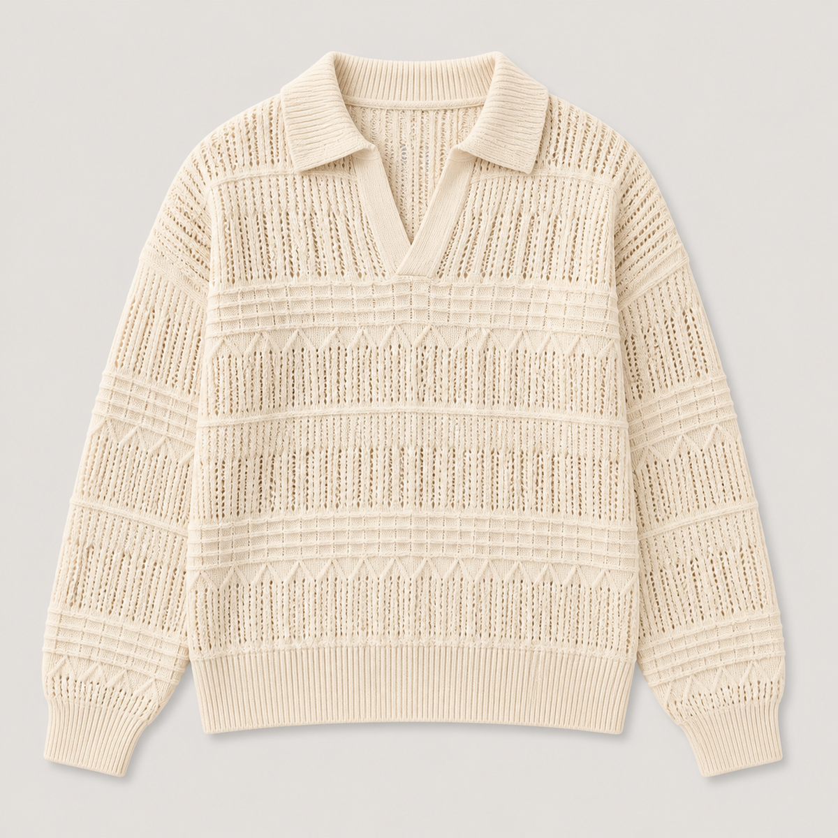 Apricot men's polo sweater displayed straight on against a plain studio background.