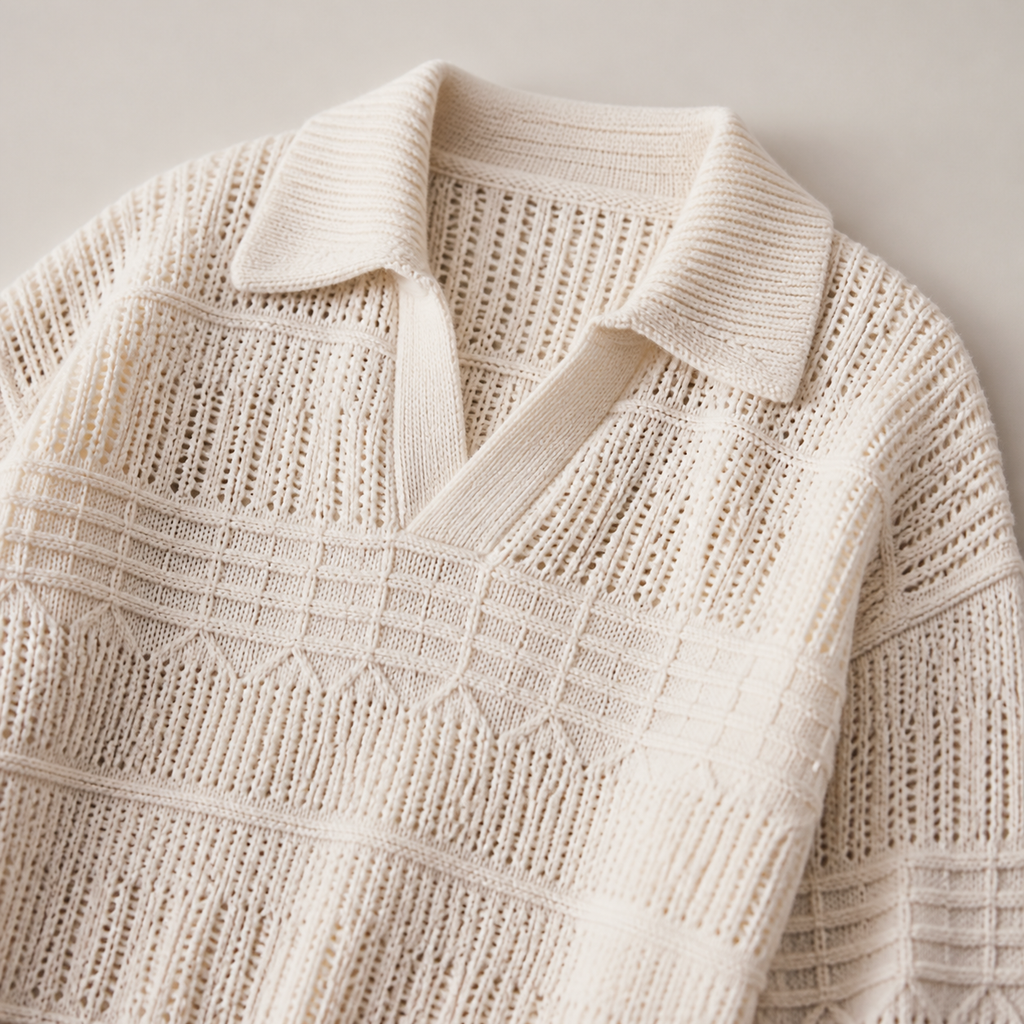 Close view of the apricot men's polo sweater showing its neckline and distinctive surface texture.
