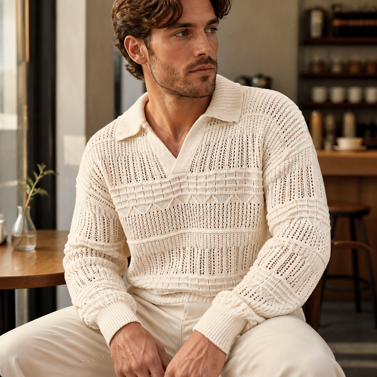 Man wearing the apricot men's polo sweater in a softly lit US cafe.