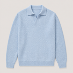 Light Blue men's polo sweater displayed straight on against a plain studio background.