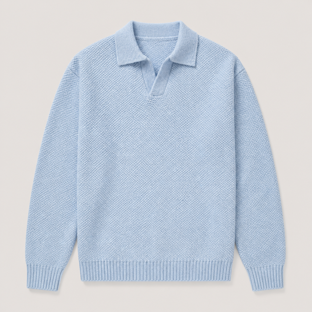 Light Blue men's polo sweater displayed straight on against a plain studio background.