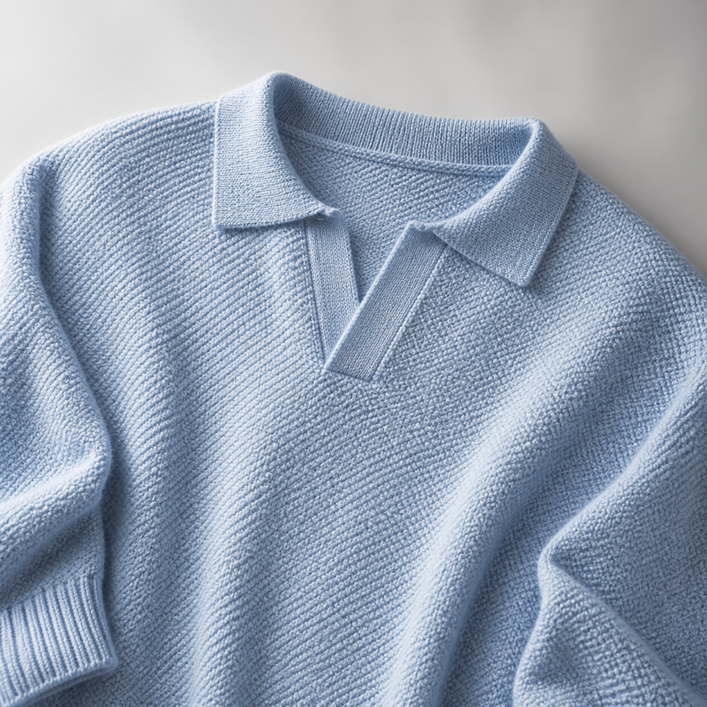 Close view of the light blue men's polo sweater showing its neckline and distinctive surface texture.