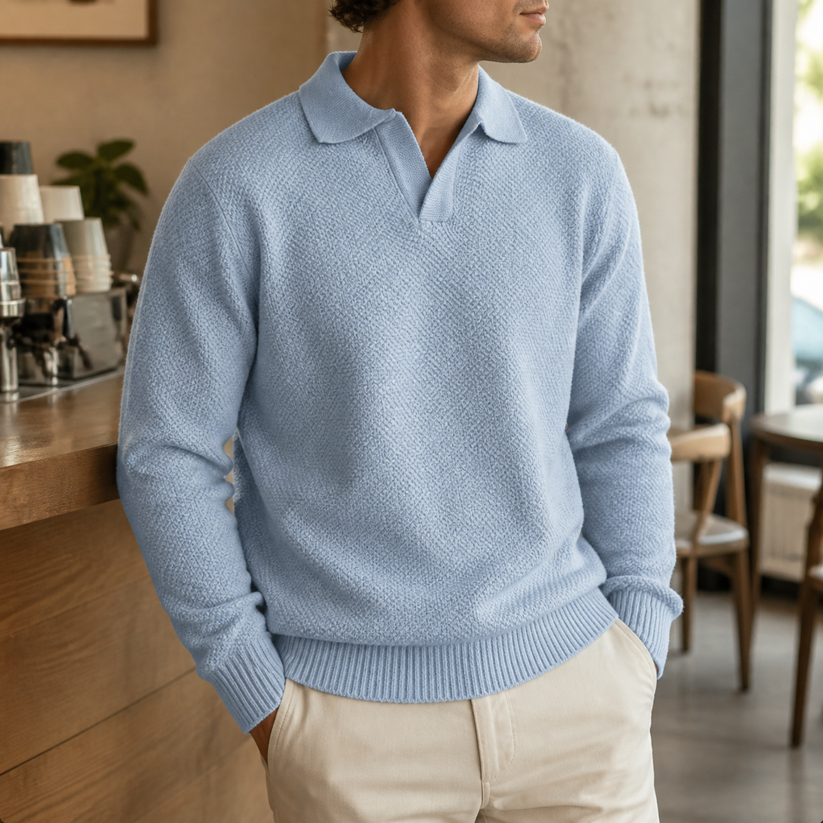 Man wearing the light blue men's polo sweater in a softly lit US cafe.
