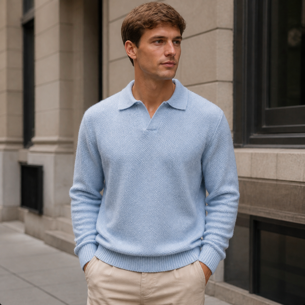 Man styling the light blue men's polo sweater on a quiet US city street.