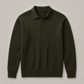 Olive men's polo sweater displayed straight on against a plain studio background.