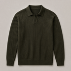 Olive men's polo sweater displayed straight on against a plain studio background.