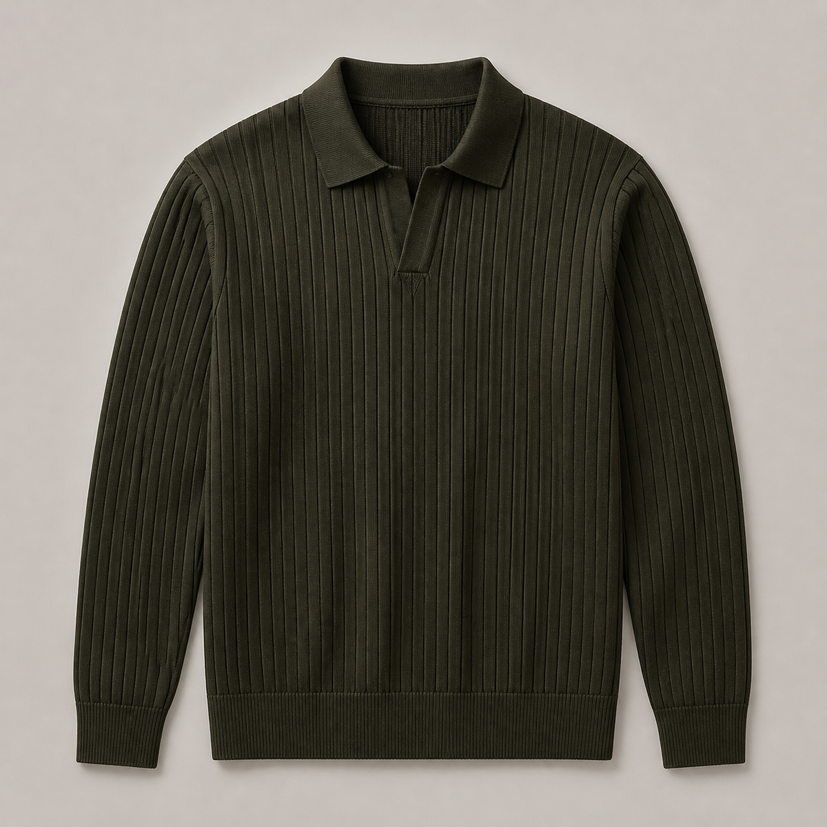 Olive men's polo sweater displayed straight on against a plain studio background.