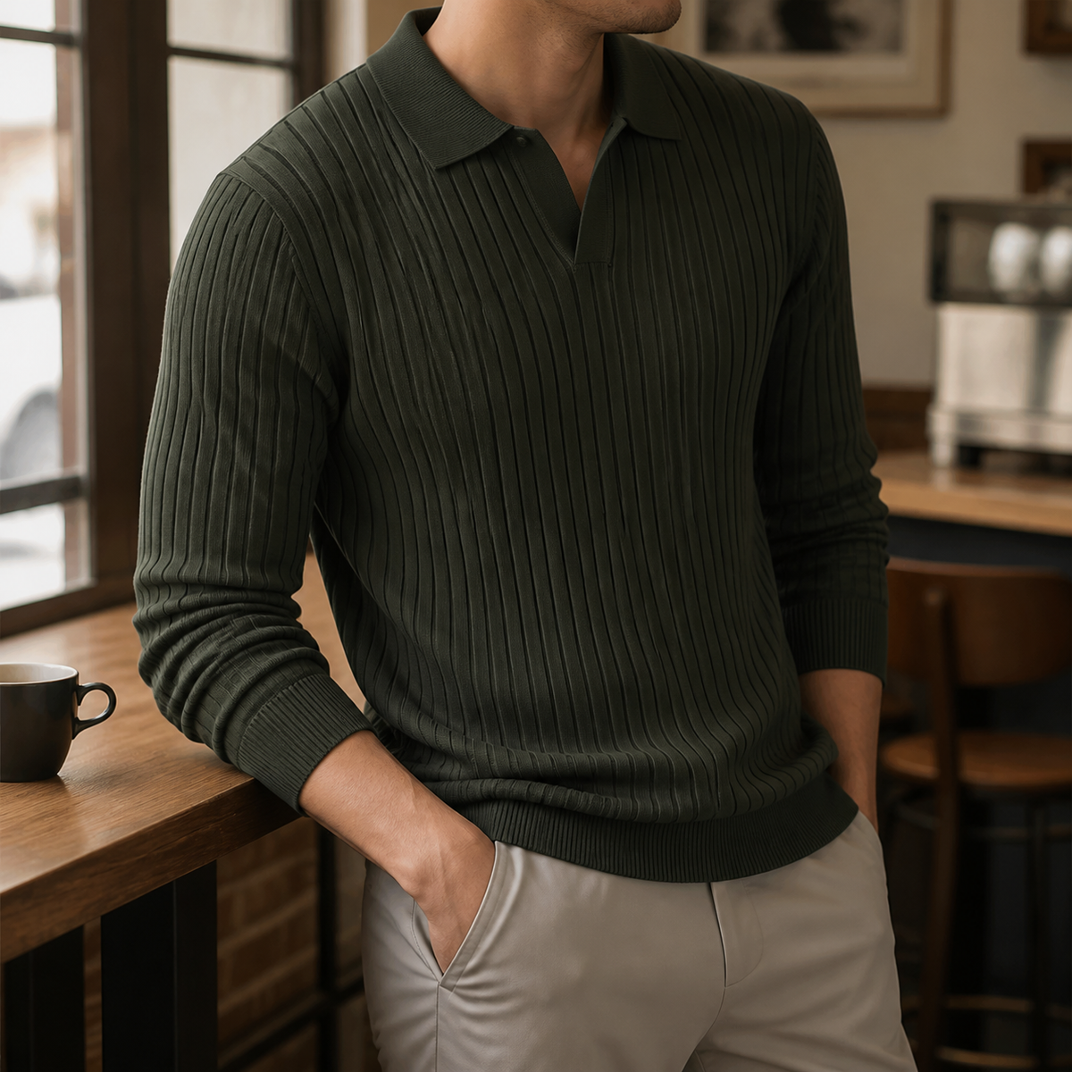 Man wearing the olive men's polo sweater in a softly lit US cafe.