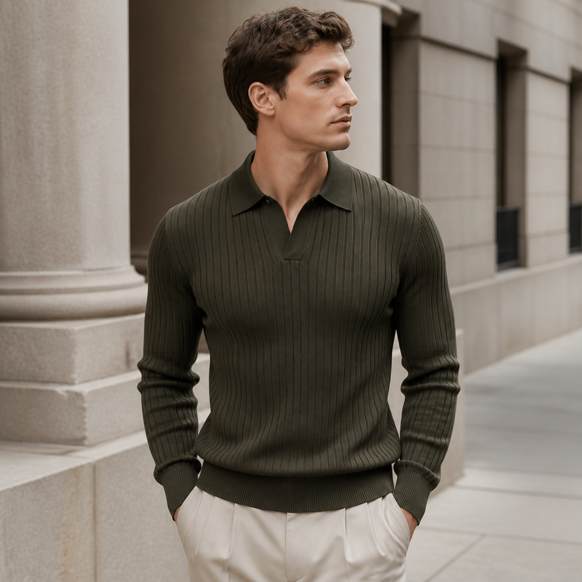 Man styling the olive men's polo sweater on a quiet US city street.