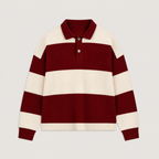 Red men's polo sweater displayed straight on against a plain studio background.