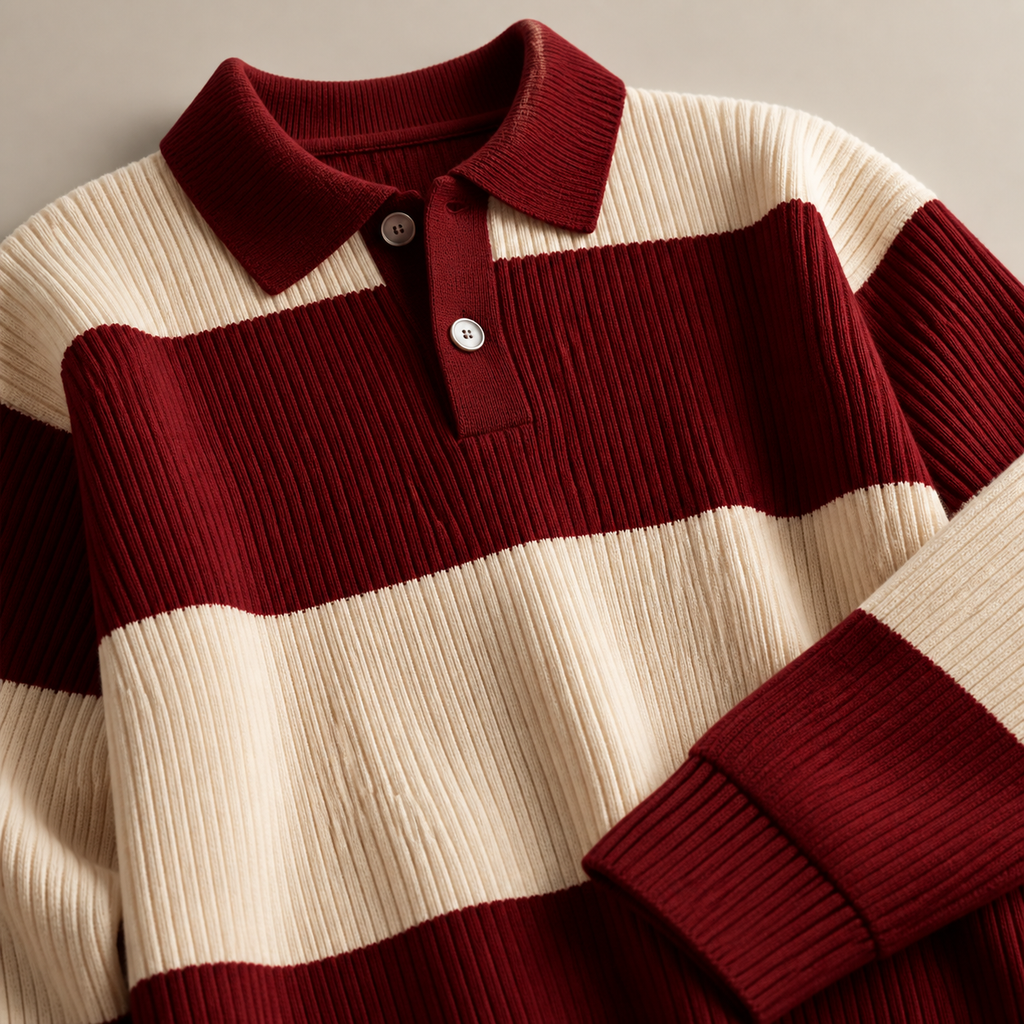 Close view of the red men's polo sweater showing its neckline and distinctive surface texture.
