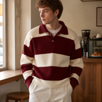 Man wearing the red men's polo sweater in a softly lit US cafe.