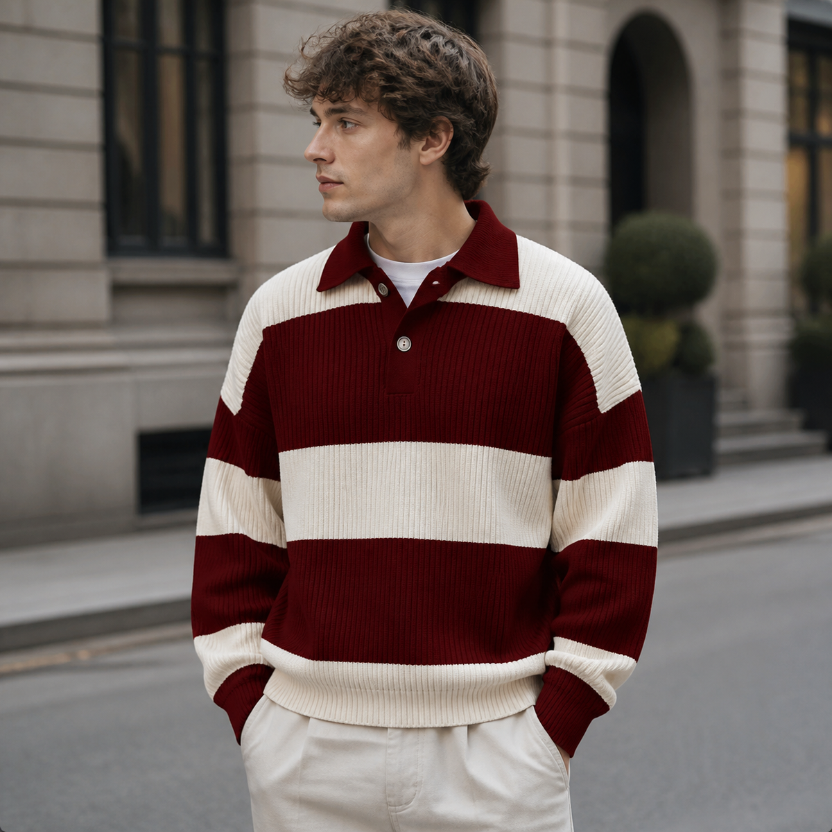 Man styling the red men's polo sweater on a quiet US city street.
