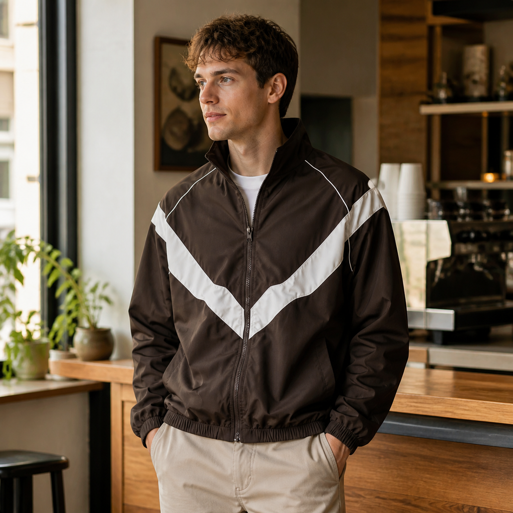Man wearing the coffee color men's windbreaker jacket in a softly lit US cafe.