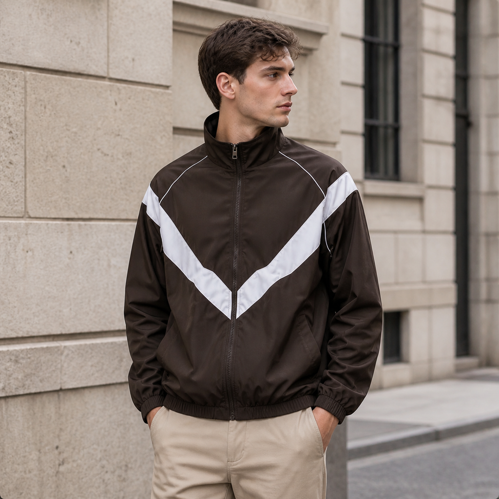 Man styling the coffee color men's windbreaker jacket on a quiet US city street.